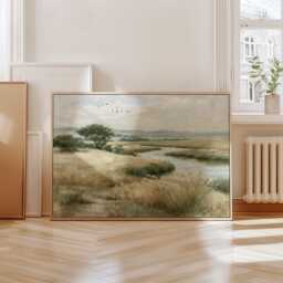 Meadow River Poster, Neutral Landscape Print, Country Wall Art, Paper - thumbnail 4