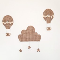 Wicker Hot Air Balloon Wall Hanging Celestial Nursery Decor - thumbnail 1