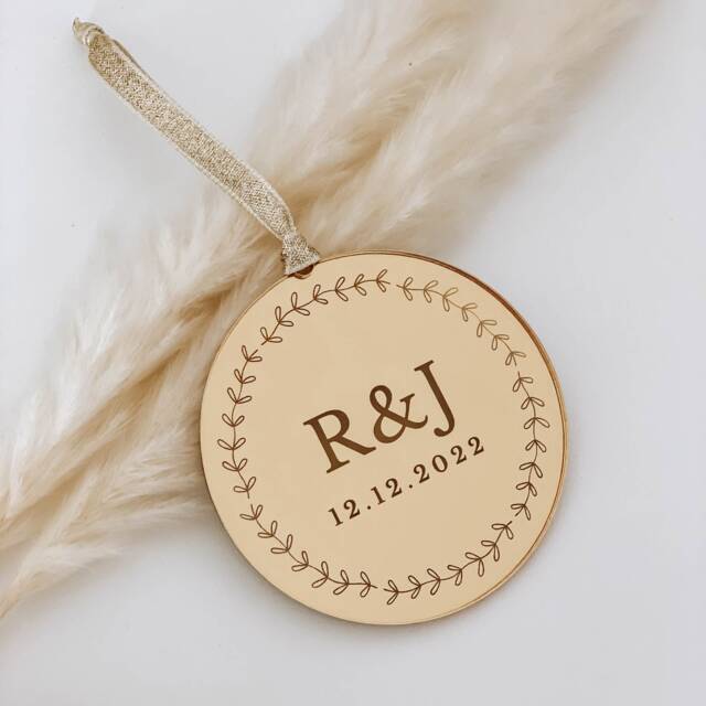 Personalised Initials & Wedding Date Christmas Decoration, Monogram, Rose Gold, Silver Tree Decoration Bauble - image 1