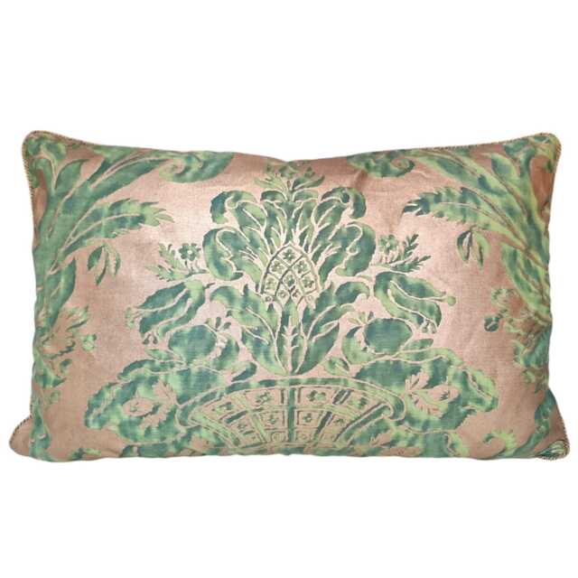 Fortuny Fabric Throw Pillow Cushion Cover Green & Silvery Gold Olimpia Pattern - Made in Italy - image 1