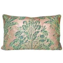 Fortuny Fabric Throw Pillow Cushion Cover Green & Silvery Gold Olimpia Pattern - Made in Italy - thumbnail 1