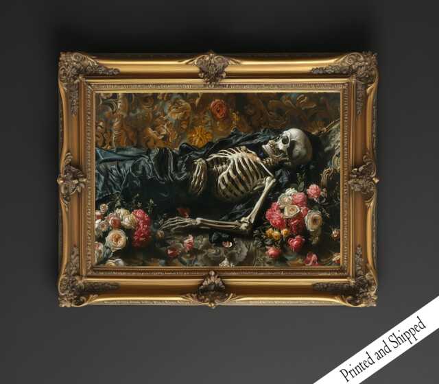 The Velvet Requiem, Creepy Victorian Poster Print, Halloween Art Prints, Sleeping Skeleton Painting - image 1