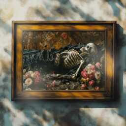 The Velvet Requiem, Creepy Victorian Poster Print, Halloween Art Prints, Sleeping Skeleton Painting - thumbnail 2