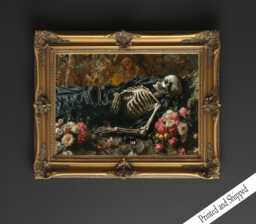 The Velvet Requiem, Creepy Victorian Poster Print, Halloween Art Prints, Sleeping Skeleton Painting - thumbnail 1