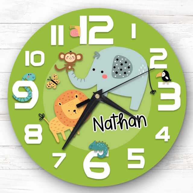 Green Safari Animals Children's Personalised Gift For Kid's Bedroom Clock - Kids Clock, , Custom Wall - image 1