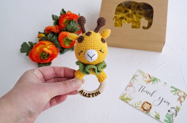 Giraffe Cotton Baby Toy, Safari Shower Gift, Personalized Gift For Newborn, Jungle Animal Nursery Mom To Be Package - image 1