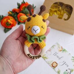 Giraffe Cotton Baby Toy, Safari Shower Gift, Personalized Gift For Newborn, Jungle Animal Nursery Mom To Be Package - thumbnail 2