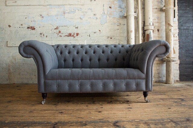 Handmade Grey Wool 2 Seater Chesterfield Sofa - image 1