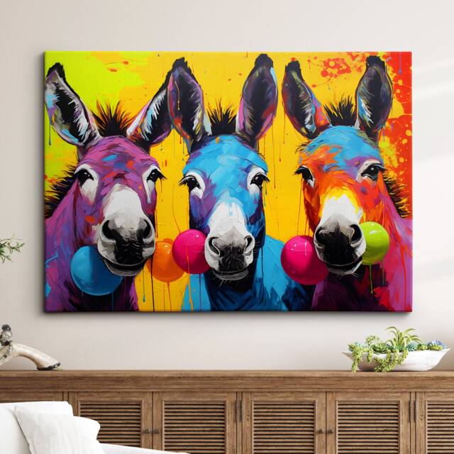 Colorful Donkeys Farm Animal Abstract Oil Painting Paint Splatter Wall Art Framed Canvas Poster Print Home Living Room Decor Fun Donkey Gift