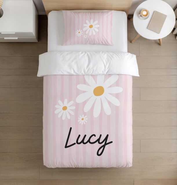 Bedding - Stripes With Daisies Pink Personalised, Duvet Cover Set, Fitted Sheets, Pillow Case, Modern Colourful Kids Bedding - image 1