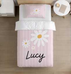 Bedding - Stripes With Daisies Pink Personalised, Duvet Cover Set, Fitted Sheets, Pillow Case, Modern Colourful Kids Bedding - thumbnail 1