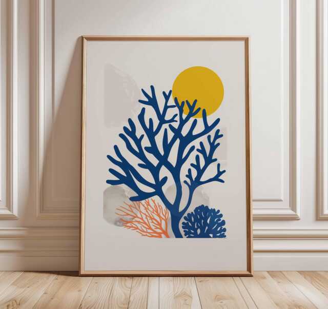 Abstract Coral Wall Art, Modern Coastal Poster, Ocean Inspired Print, Blue Orange Minimal Mid Century Beach House Decor - image 1