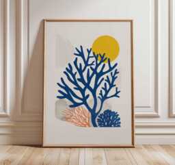 Abstract Coral Wall Art, Modern Coastal Poster, Ocean Inspired Print, Blue Orange Minimal Mid Century Beach House Decor - thumbnail 1