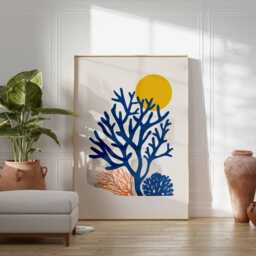 Abstract Coral Wall Art, Modern Coastal Poster, Ocean Inspired Print, Blue Orange Minimal Mid Century Beach House Decor - thumbnail 3