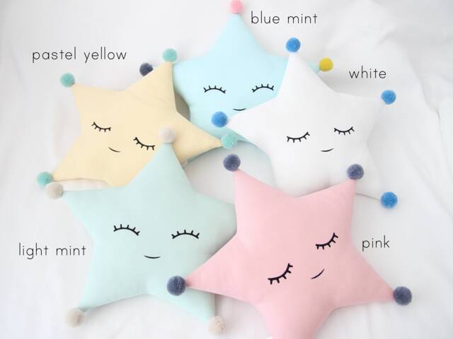 Cute Star Cushion With Pompom For Nursery Decor, Dreamy Pillow Baby Shower Gift Idea Newborn Boy Girl Gender Neutral Bed Children Sky Teepee - image 1
