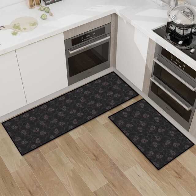 Elegant Skull Kitchen Mat Set, Moody Gothic Non-Slip Rugs with Macabre Florals in Purple & Black, Dark Academia Home Decor Housewarming Gift - image 1