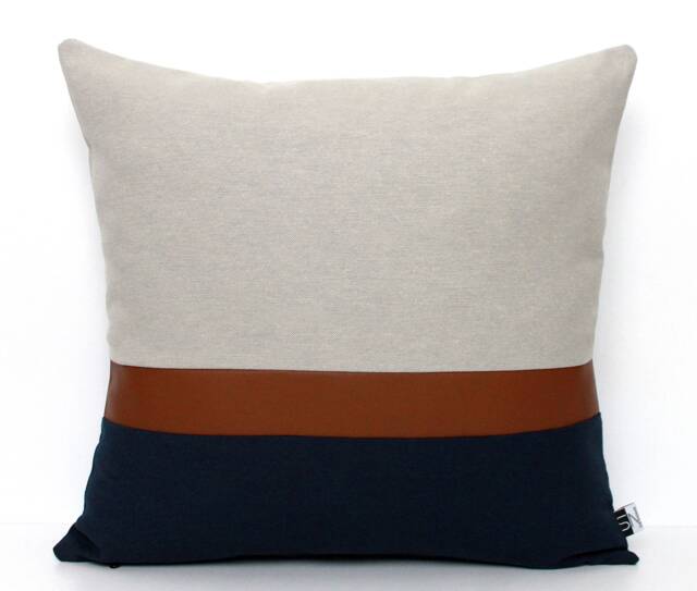Light Grey, Brown Faux Leather & Navy Customizable Colorblock Pillow Cover - All Sizes Modern Pillow, Home Gifts For You - image 1