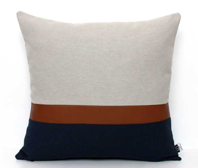 Customizable Colorblock Pillow Cover, Faux Leather Navy Modern Home Accent - image 1