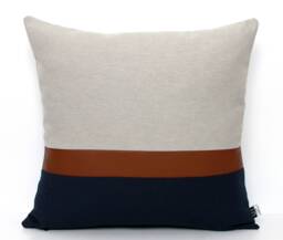 Light Grey, Brown Faux Leather & Navy Customizable Colorblock Pillow Cover - All Sizes Modern Pillow, Home Gifts For You - thumbnail 1