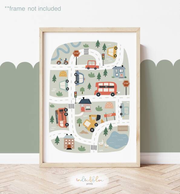 Scandi Cars Map Print, Transport Vehicles Educational Poster, Boy Nursery Decor, Playroom Prints, Kids Wall Art - image 1