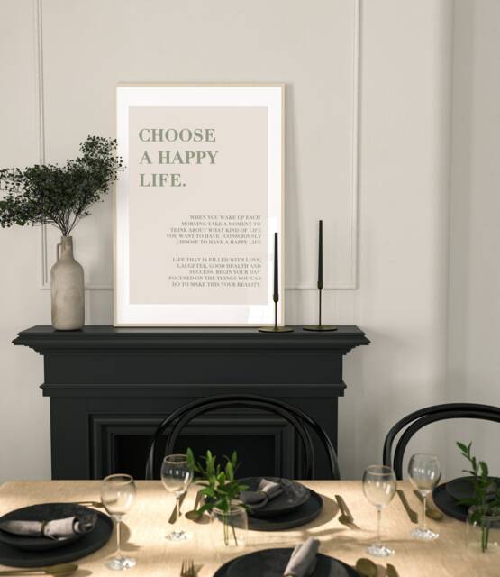 Choose A Happy Life Print, Positive Affirmation Home, Kitchen, Home Decor, Typography, Bedroom Good Vibes Poster, Beige Wall Art - image 1