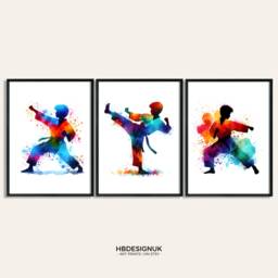 Boys Karate Wall Poster - Set Of 3 Prints - Watercolour Art Bedroom Home Decor Pictures Kids Fight Sport Gifts - thumbnail 1
