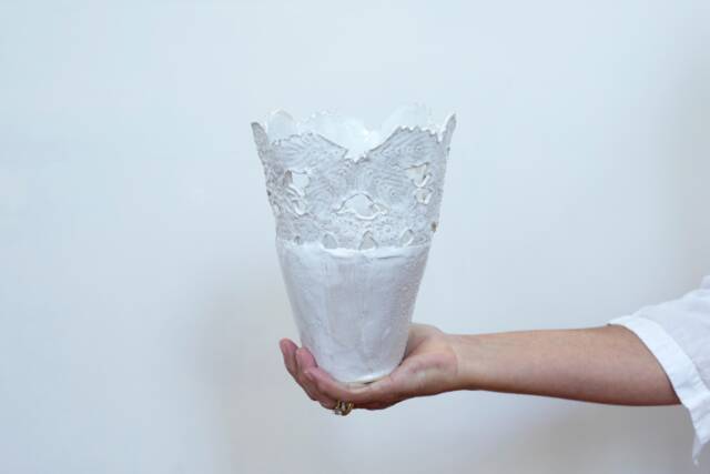 Organic White Ceramic Vase - Decorative Planter Porcelain Contemporary Handmade Textured Lace - image 1