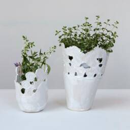 Organic White Ceramic Vase - Decorative Planter Porcelain Contemporary Handmade Textured Lace - thumbnail 2