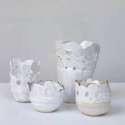 Organic White Ceramic Vase - Decorative Planter Porcelain Contemporary Handmade Textured Lace - thumbnail 3