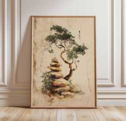 Zen Tree & Stone Stack Poster, Japanese Ink Style Wall Art, Minimal Nature Print, Tranquil Bonsai Decor, Asian Landscape Artwork - thumbnail 1