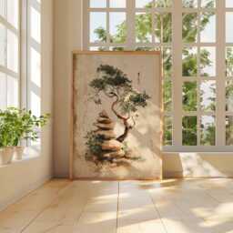 Zen Tree & Stone Stack Poster, Japanese Ink Style Wall Art, Minimal Nature Print, Tranquil Bonsai Decor, Asian Landscape Artwork - thumbnail 2