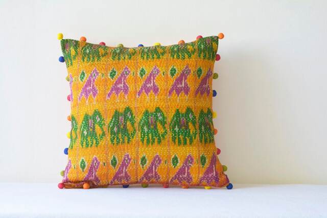 Yellow Ochre Vintage Kantha Pillow Cover, Bird & Elephant Motif, Pom Poms - image 1