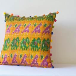 Yellow Ochre Vintage Kantha Pillow Cover, Bird & Elephant Motif, Pom Poms - thumbnail 2