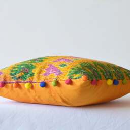 Yellow Ochre Vintage Kantha Pillow Cover, Bird & Elephant Motif, Pom Poms - thumbnail 3