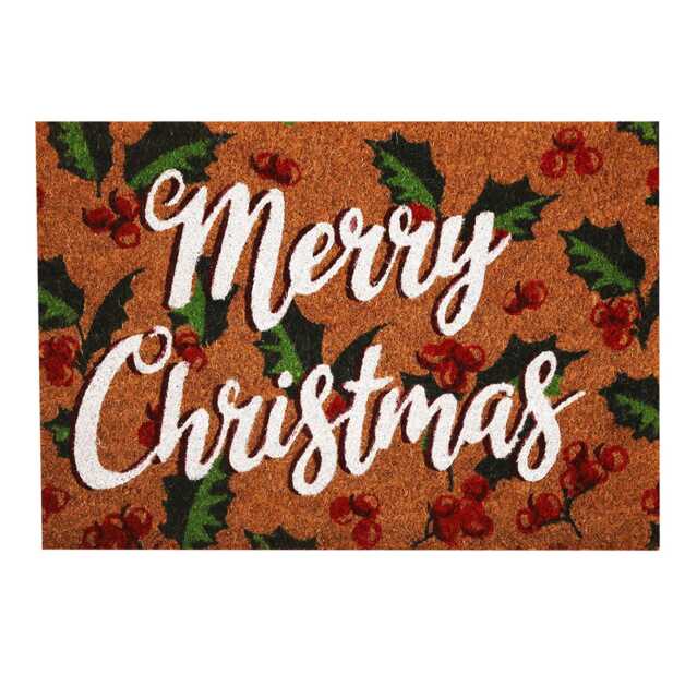 Merry Christmas Coir Doormat 40 X 60cm Decorative Xmas Mat Festive Holy Leaves Print - image 1