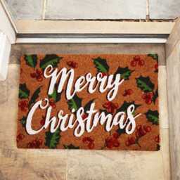 Merry Christmas Coir Doormat 40 X 60cm Decorative Xmas Mat Festive Holy Leaves Print - thumbnail 2