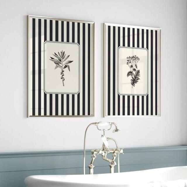 Bathroom Wall Art Set Of 2, Striped Botanical Prints, Black & White Vintage Botanicals, Monochrome - image 1
