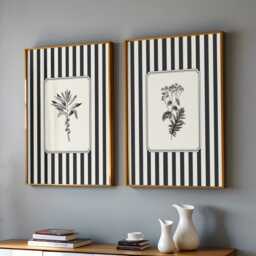 Bathroom Wall Art Set Of 2, Striped Botanical Prints, Black & White Vintage Botanicals, Monochrome - thumbnail 3