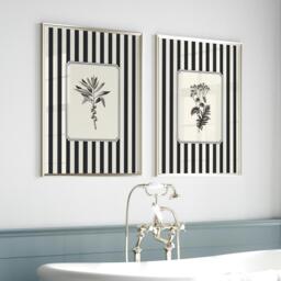 Bathroom Wall Art Set Of 2, Striped Botanical Prints, Black & White Vintage Botanicals, Monochrome - thumbnail 1