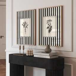 Bathroom Wall Art Set Of 2, Striped Botanical Prints, Black & White Vintage Botanicals, Monochrome - thumbnail 2