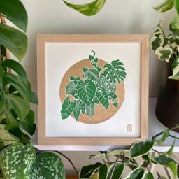 Plant Addiction #1 - Original Green & Gold Lino Art Print Hand Carved Plants - thumbnail 2