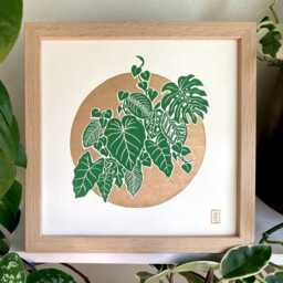Plant Addiction #1 - Original Green & Gold Lino Art Print Hand Carved Plants - thumbnail 1