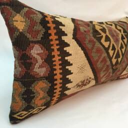 "Kilim Pillow, Wool Kilim Cousin From Anatolia , 30x60 cm, 12""x24" - thumbnail 2