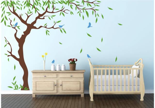 Nursery Tree Birds & Flying Leaves Decal Ideas Stick On Wall Art Decals For Walls Personalized - Large Sd 088 - image 1