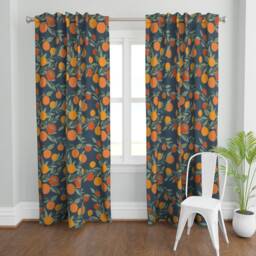 Citrus Curtain Panel - Summer Fruit Oranges Spring Home Kitchen Decor Custom Navy Tangerine Jumbo By Indybloomdesign - thumbnail 2