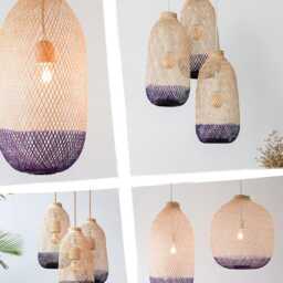 Hand-Dyed Bamboo Pendant Light, Deep Purple Fish Trap Lamp Shade - thumbnail 2