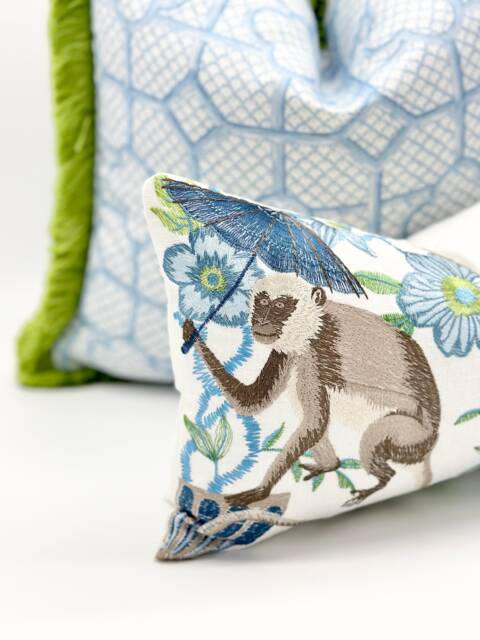 Monkey Embroidered Pillow Cover , Chinoiserie Style Throw - image 1