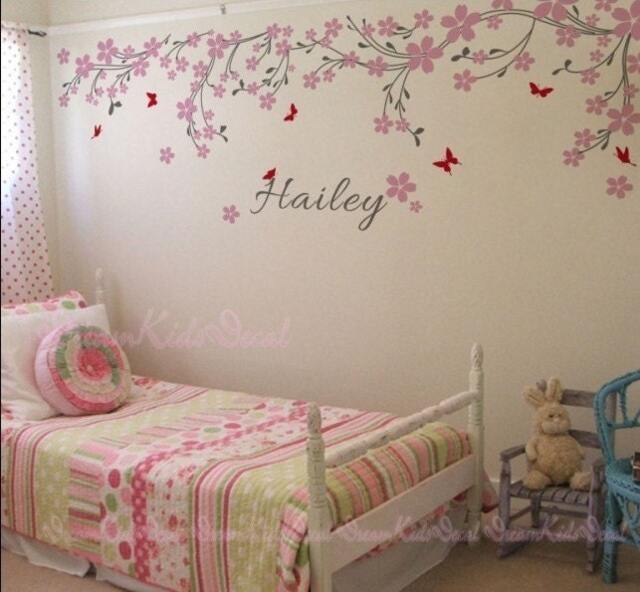 Nursery Wall Decal Baby Girl & Name Decals Cherry Blosssoms Sticker Wedding Office-Pink Vines With Butterfly Decals-Dk114 - image 1