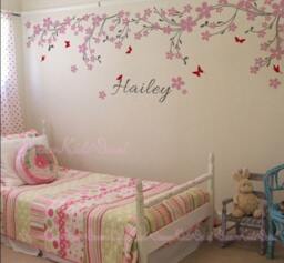 Nursery Wall Decal Baby Girl & Name Decals Cherry Blosssoms Sticker Wedding Office-Pink Vines With Butterfly Decals-Dk114 - thumbnail 1