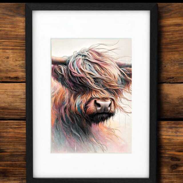 Angus in The Fog Highland Cow Framed Print Scottish Room Decor - A4, 16 Inch Frame - image 1